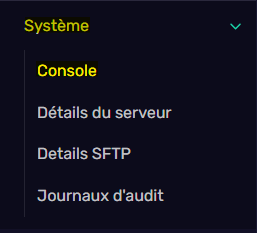 Illustration montrant l'élément Console de la catégorie Système sur le panneau de gestion des serveurs de jeux d'Antasia Cloud.